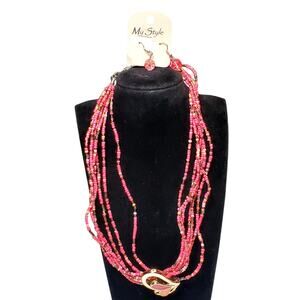 New Multi Strand Seed Bead Necklace Dangle Earring Set 18" Unsigned Retro